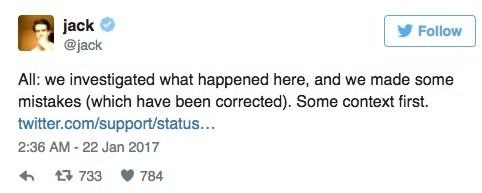 50万美国网友“被关注”川普新总统推特账号，推特CEO发文致歉
